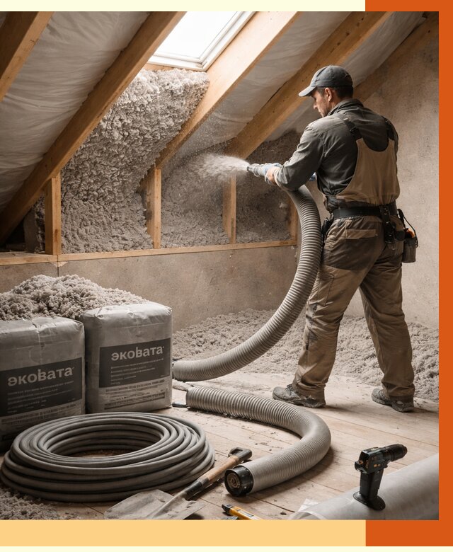 Утепление мансарды эковатой в Югорске от 2246 руб/м2 — монтаж, задувка, цена | ТепломастерЮгр