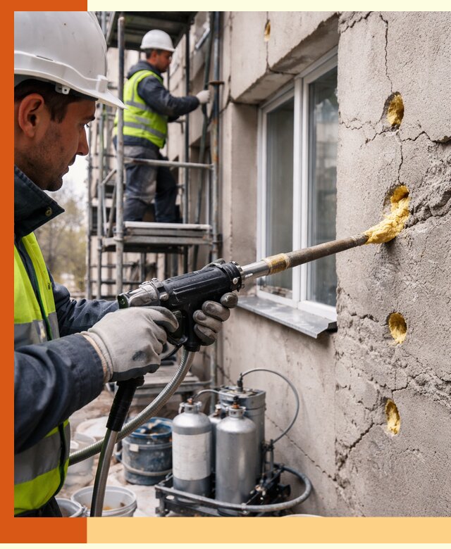 Заполнение пустот в фасаде и утепление стен в Югорске